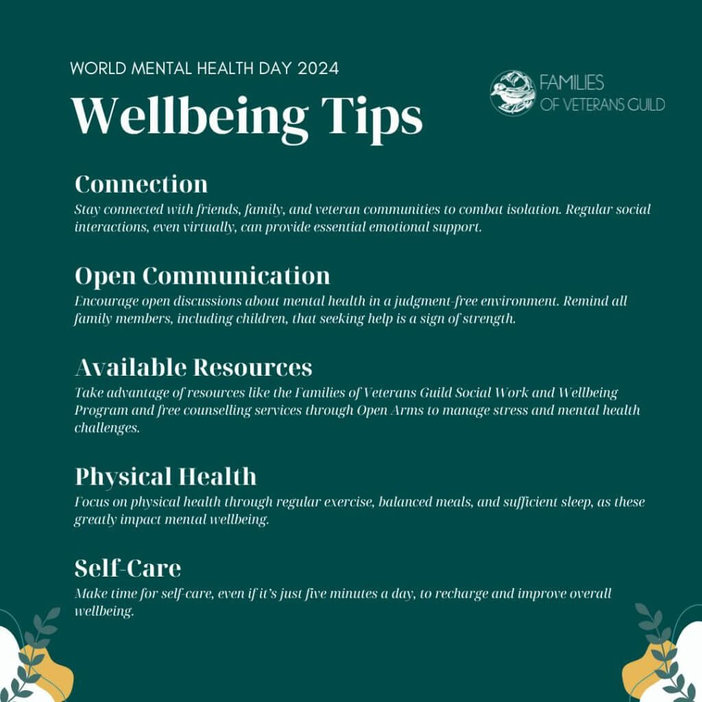 Wellbeing tips for veteran and defence families. Wellbeing activities for families of veterans