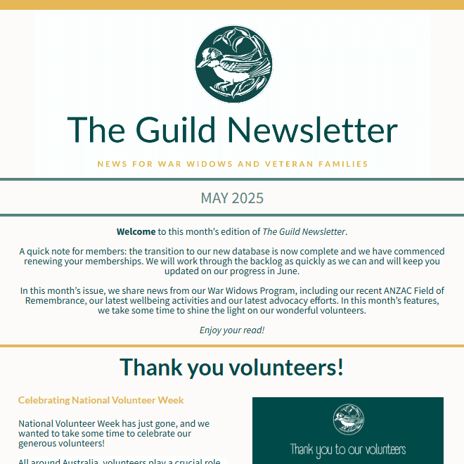 The Guild Newsletter for May. News for war widows and veteran families.