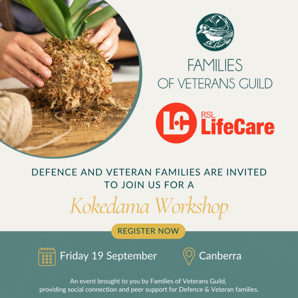 Kokedama workshop wellbeing activity for war widows, defence and veteran families. Activities for defence and veteran families.