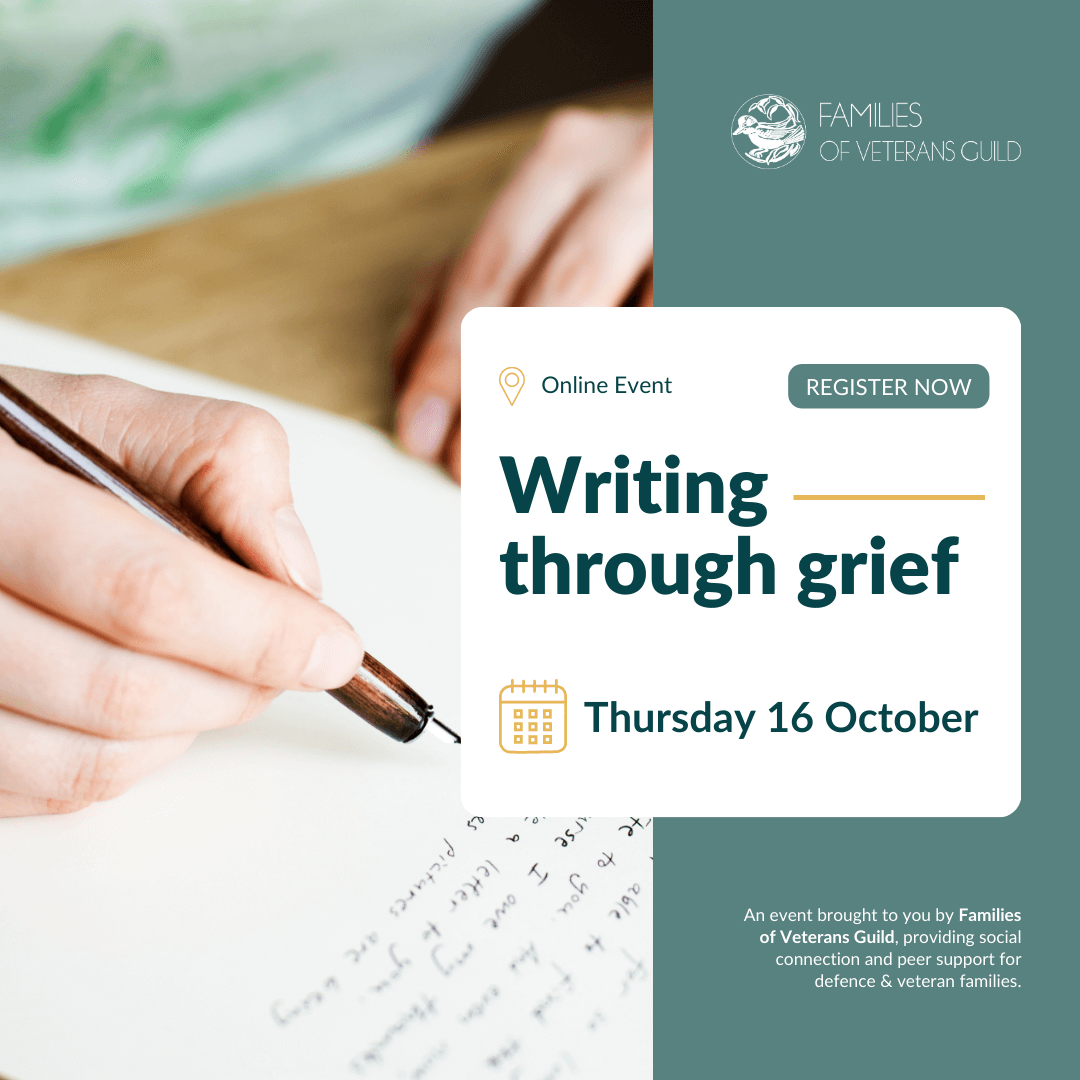 Writing through grief workshop for war widows, defence and veteran families. Activities for defence and veteran families.