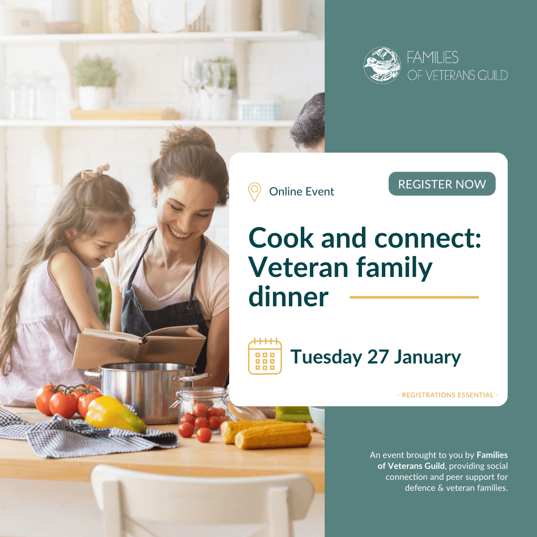 Cook and Connect veteran family dinner for war widows, defence and veteran families. Activities for defence and veteran families.