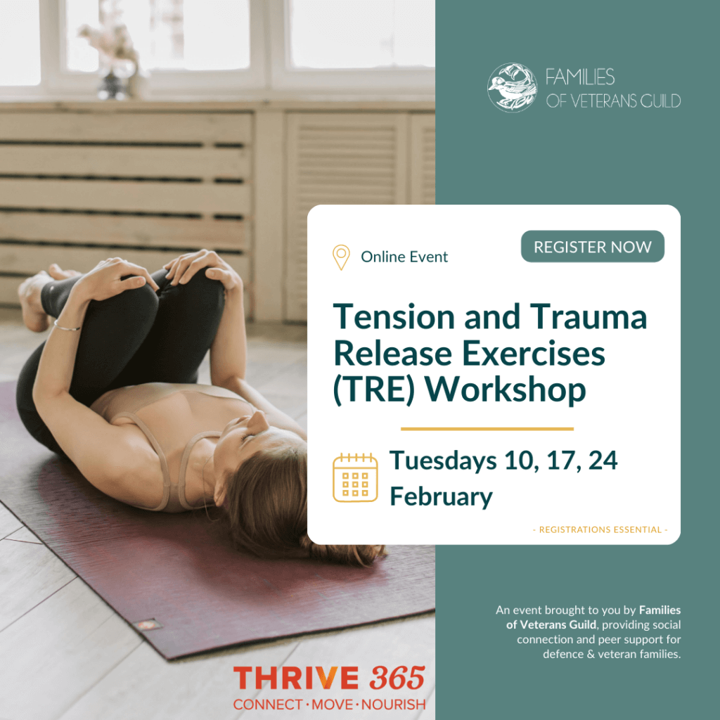 Tension and trauma release exercises workshop. Activities for war widows, defence and veteran families.