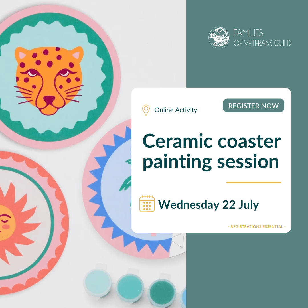 Ceramic coaster painting session online. Activities for war widows, defence and veteran families.