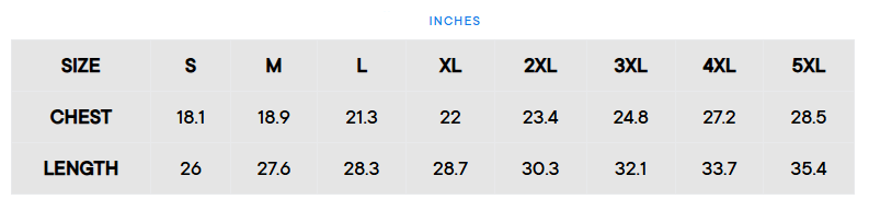 Size chart in inches